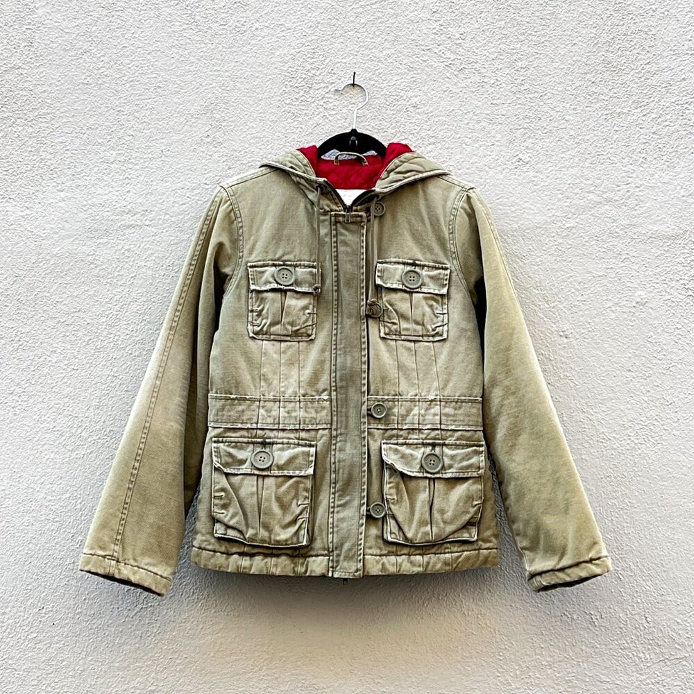 Vintage Y2K Abercrombie & Fitch Army Green Quilted Hooded Utility Jacket Medium